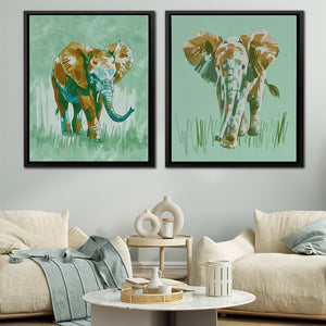 a living room with two paintings of elephants on the wall