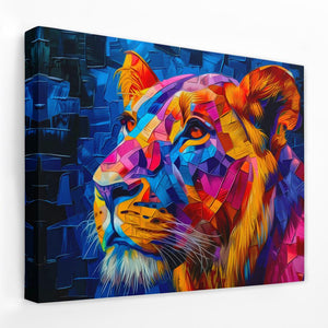 a painting of a colorful lion on a blue background