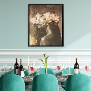 a painting of a woman with flowers on her head hangs above a dining room table