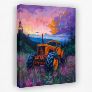 a painting of a tractor in a field of flowers