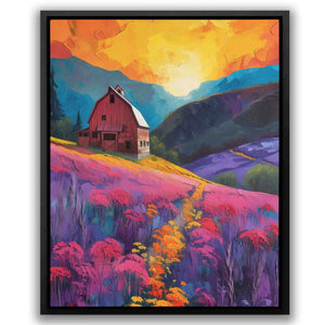 a painting of a barn in a field of flowers