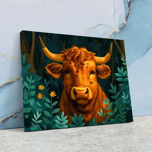 a painting of a brown cow in a field of flowers