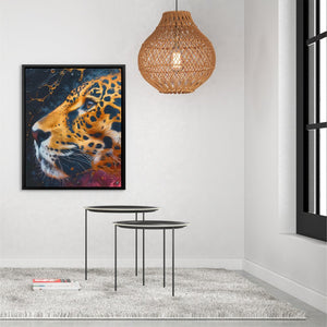 a picture of a tiger on a wall next to a table