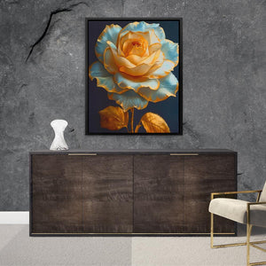 a painting of a yellow and blue rose on a wall