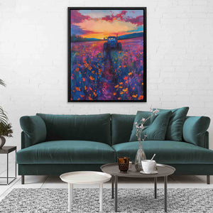 a living room with a blue couch and a painting on the wall