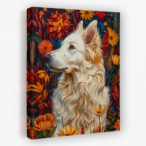 a painting of a white dog in a field of flowers