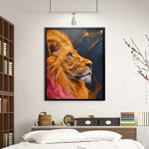 a picture of a lion on a wall above a bed