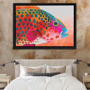 a painting of a fish on a wall above a bed