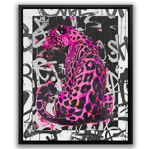 a painting of a pink leopard on a black and white background