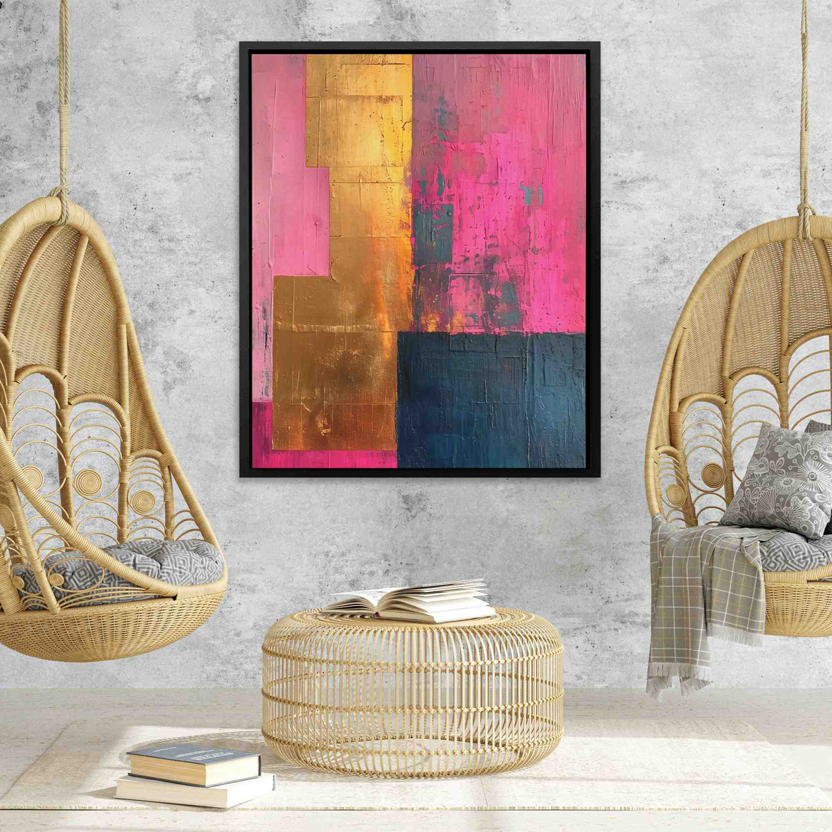 a living room with a chair and a painting on the wall