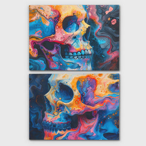 a couple of paintings of a skull on a wall