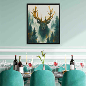 a painting of a deer is hanging above a dining room table