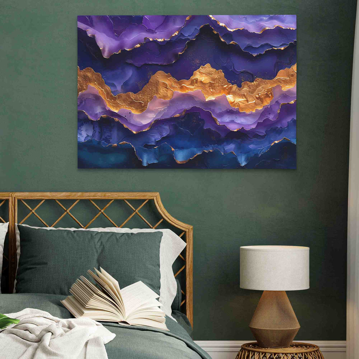 a bedroom with a bed and a painting on the wall