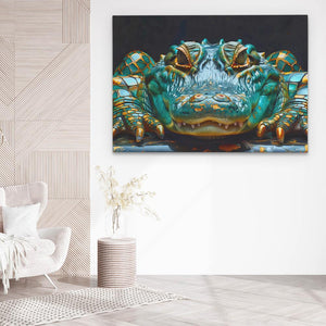 a painting of a blue frog on a white wall