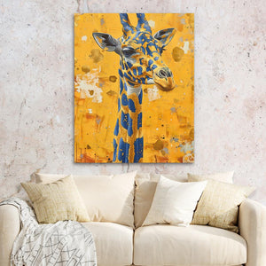 a painting of a giraffe on a yellow background