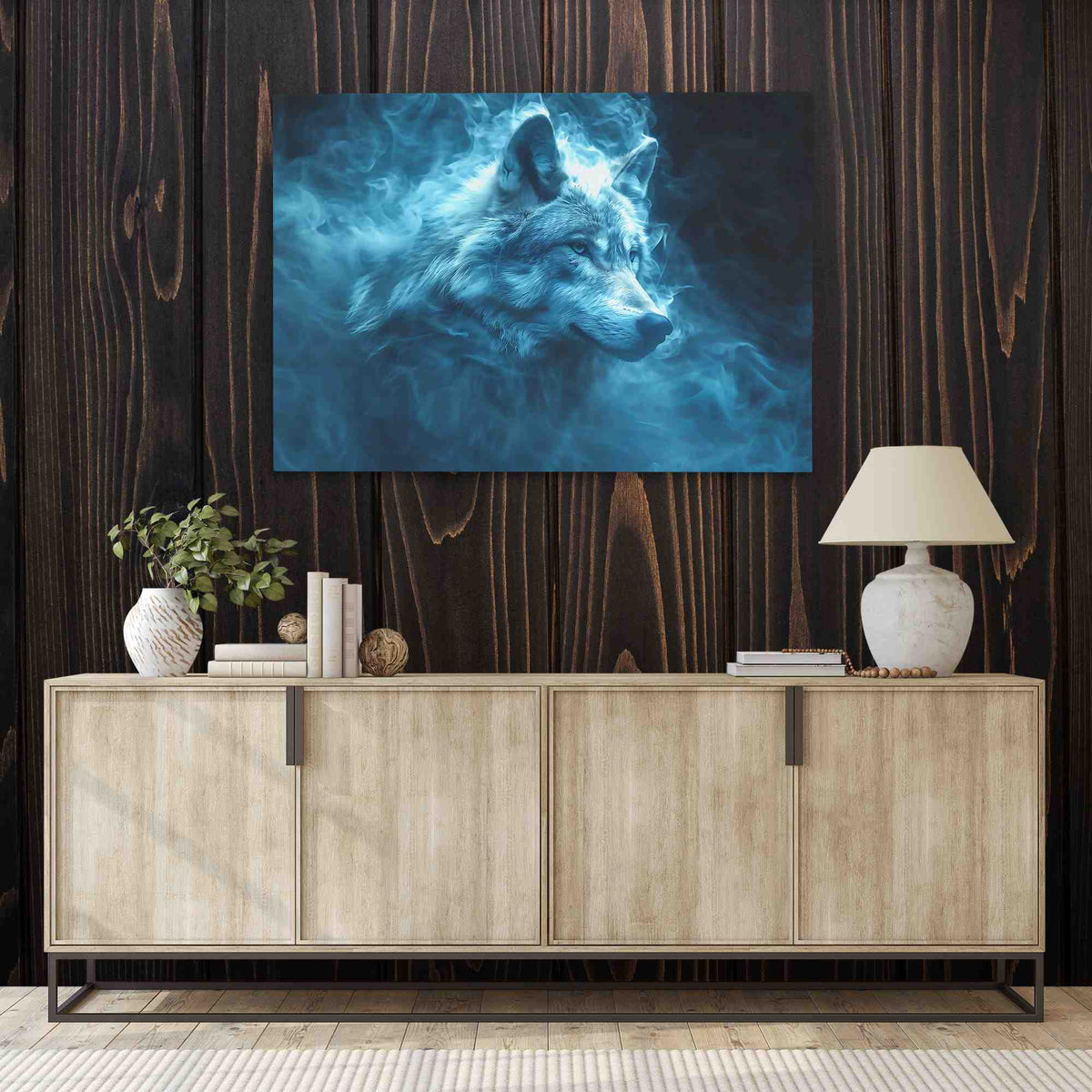 a painting of a wolf on a wooden wall