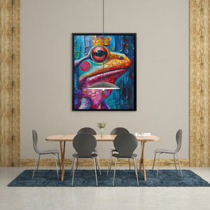 a painting of a frog on a wall above a table