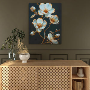 a painting of white flowers on a blue background