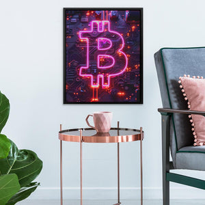 a picture of a lit up bitcoin on a wall