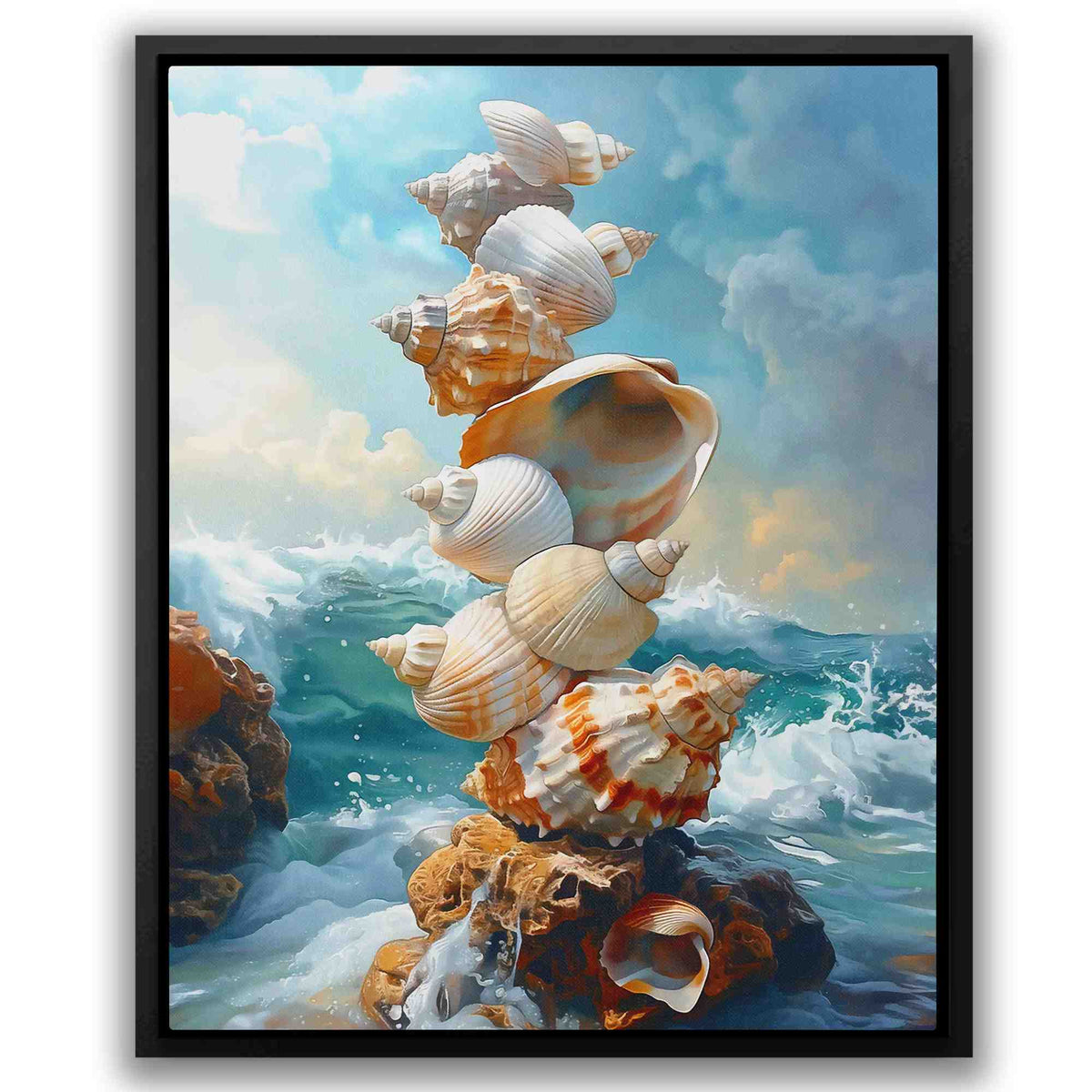 a painting of seashells on a rock in the ocean