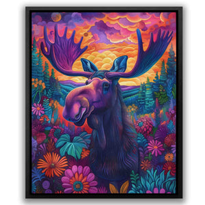 a painting of a moose in a field of flowers