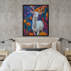 a painting of a deer on a wall above a bed