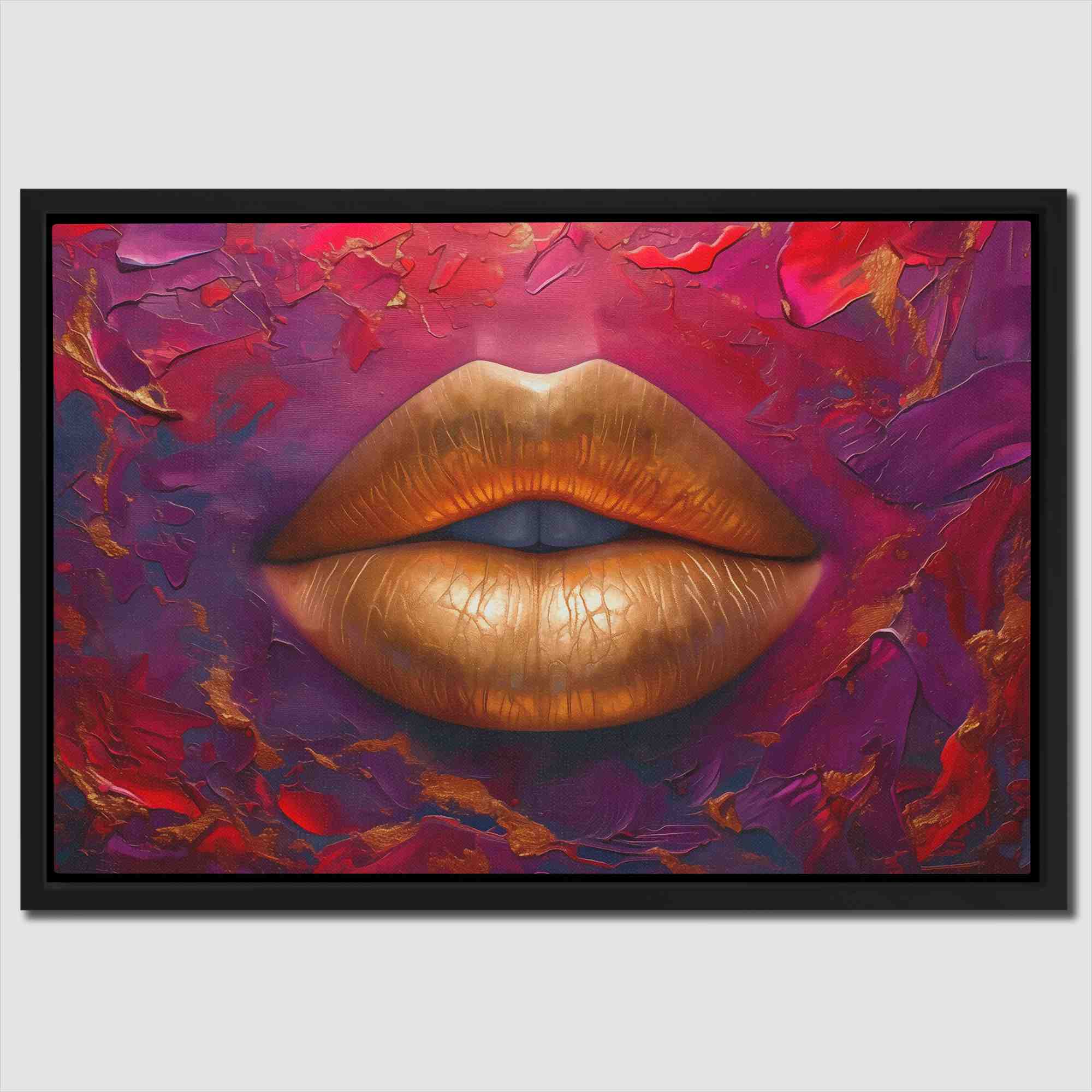 a painting of a gold lip on a purple background
