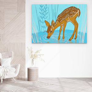 a painting of a deer drinking water in a room