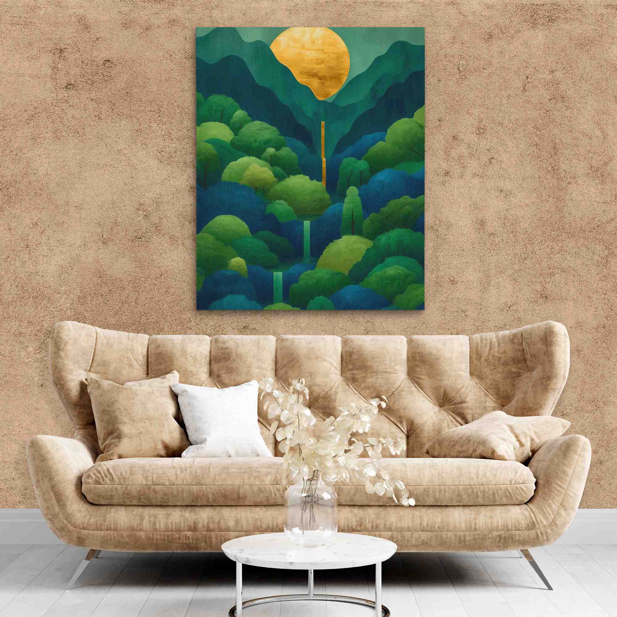 a painting of a forest with a yellow moon