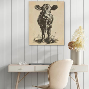 a painting of a cow on a wall above a desk