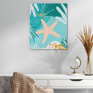 a white desk with a white chair and a starfish painting on the wall