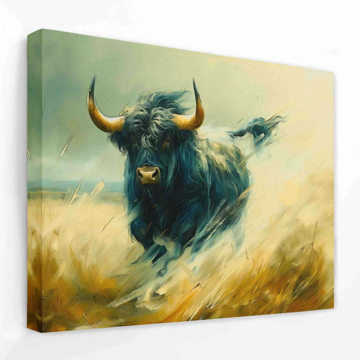a painting of a bull running through a field
