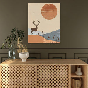 a painting of a deer on a wall above a wooden cabinet