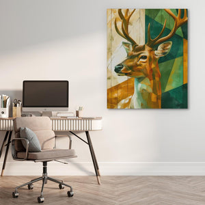 a painting of a deer on a wall above a desk