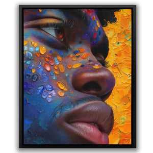 a painting of a woman's face with drops of paint on her face