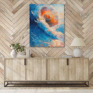 a painting hanging on a wall above a sideboard