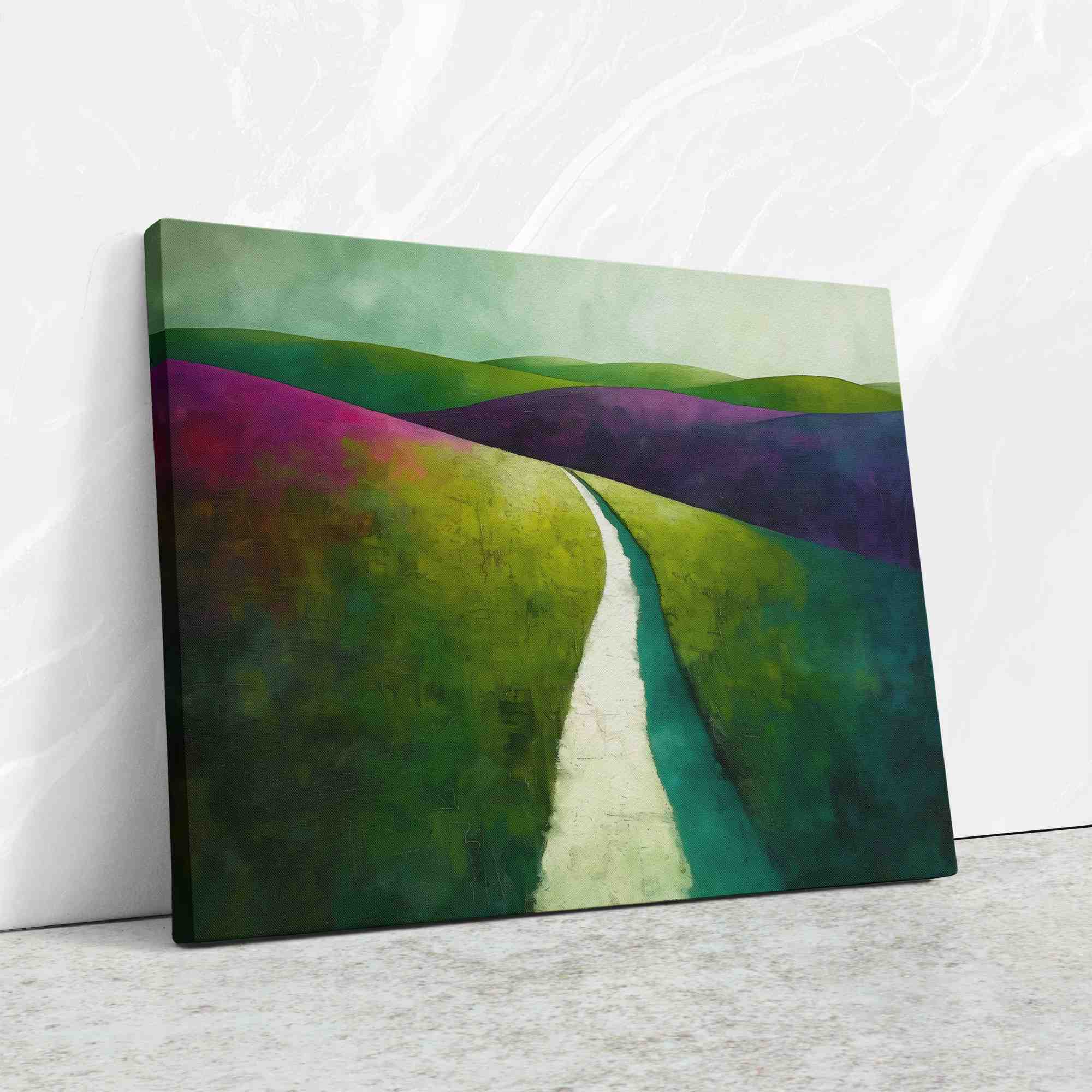 a painting of a road going through a green field