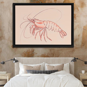 a picture of a shrimp on a wall above a bed