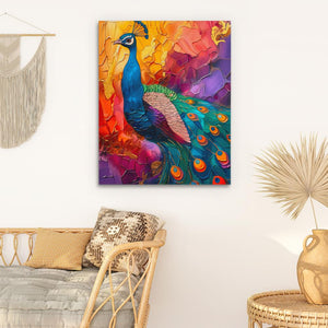 a painting of a peacock on a white wall