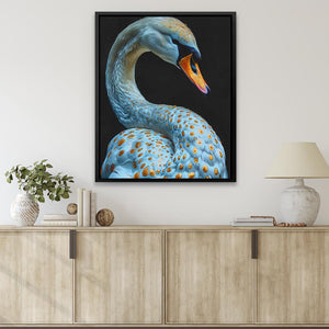 a painting of a blue swan with a yellow beak