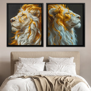 two paintings of a lion on a wall above a bed