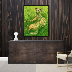 a painting of a dog sitting in the grass