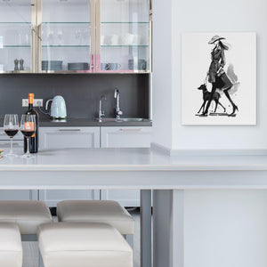 a picture of a woman with a dog in a kitchen