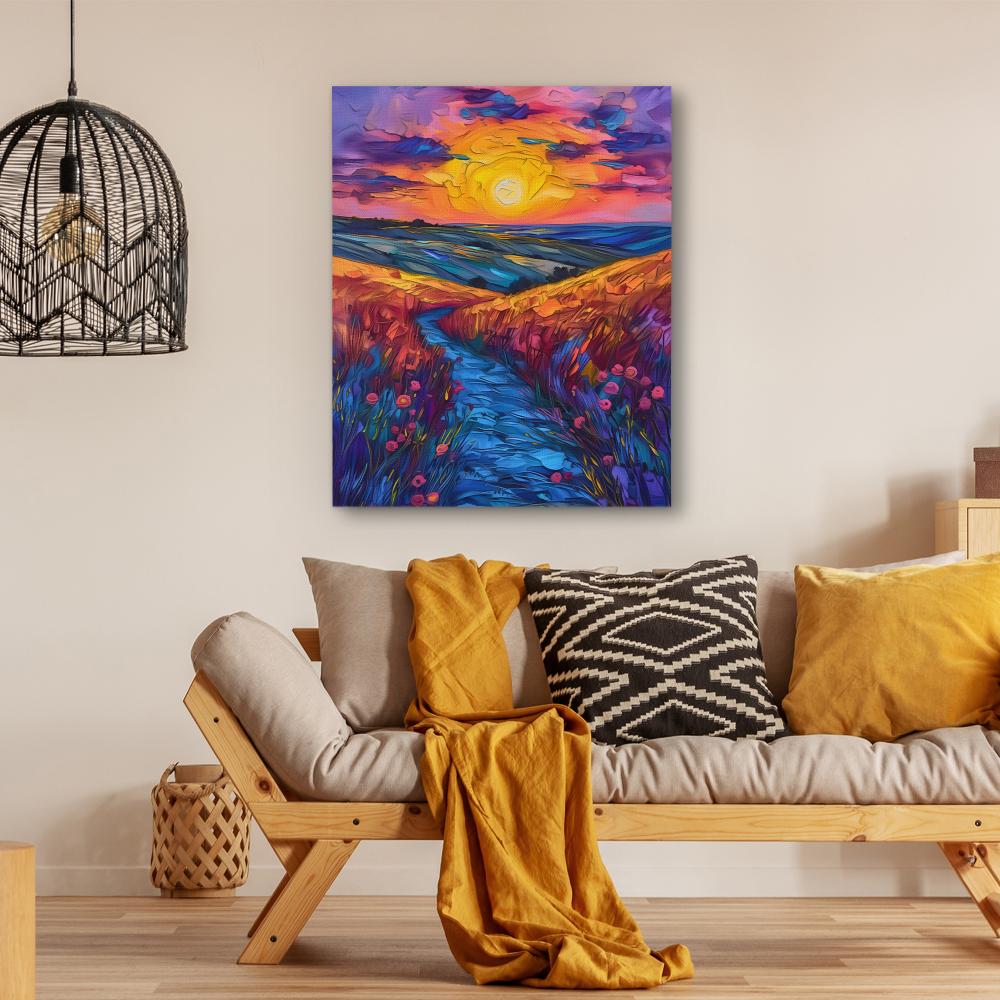 a painting of a sunset over a river