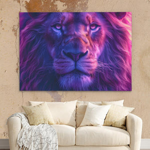 a living room with a couch and a painting of a lion