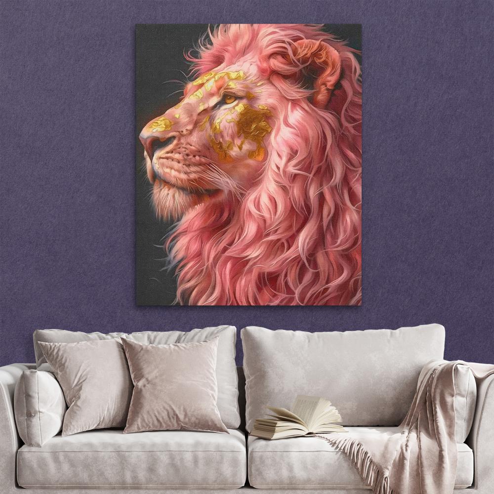 a painting of a lion with pink hair