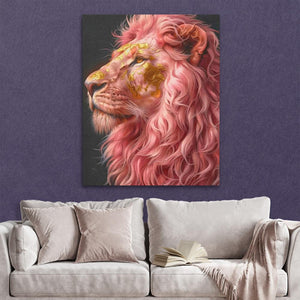 a living room with a couch and a painting of a lion