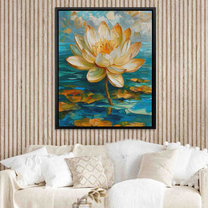 a painting of a white flower on a wall above a couch