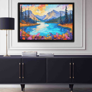 a painting of a lake with mountains in the background