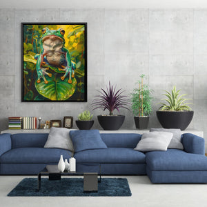 a living room with a blue couch and a painting on the wall